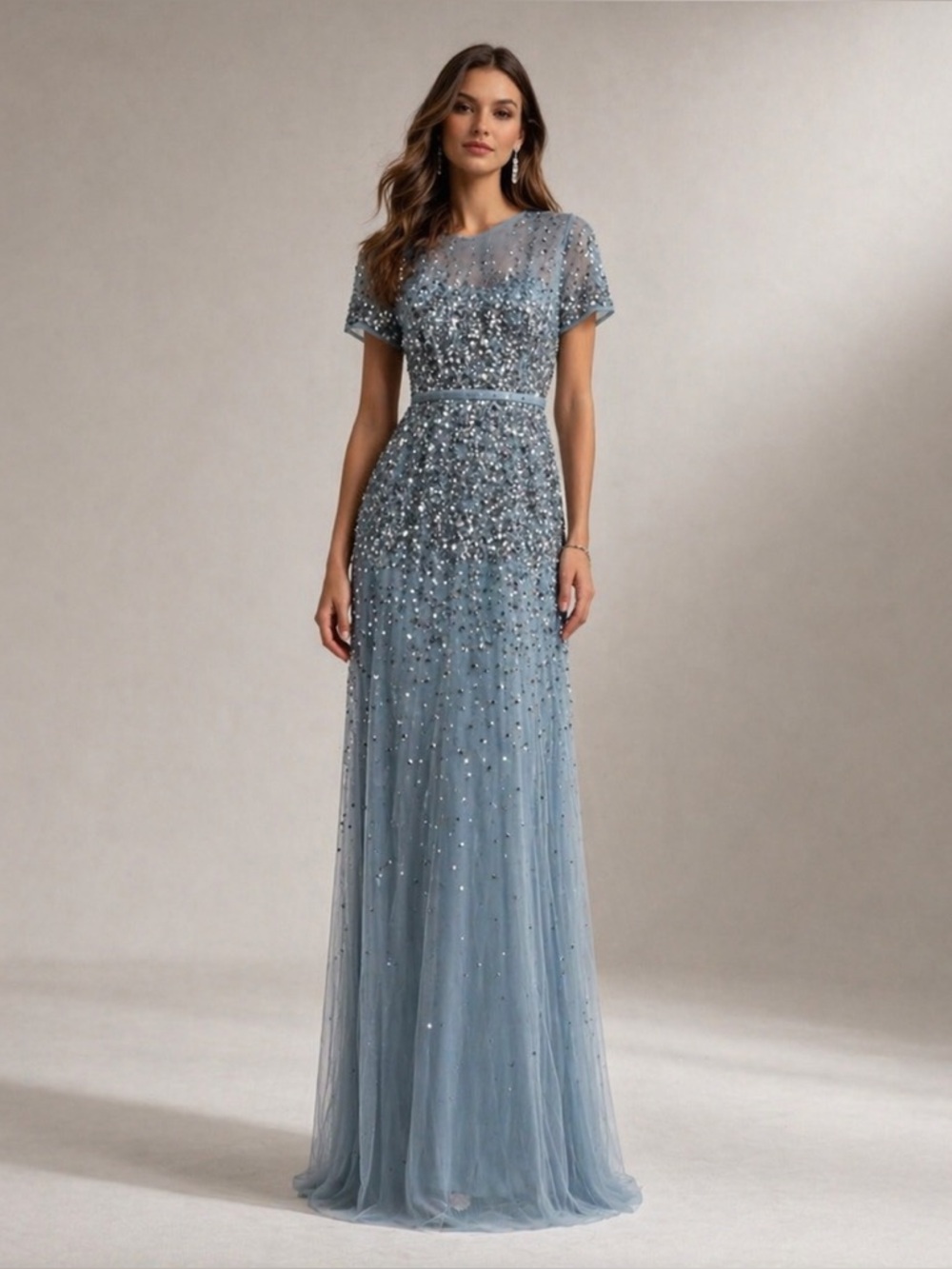 Mac Duggal Dusty Blue Embellished Tulle Maxi Dress